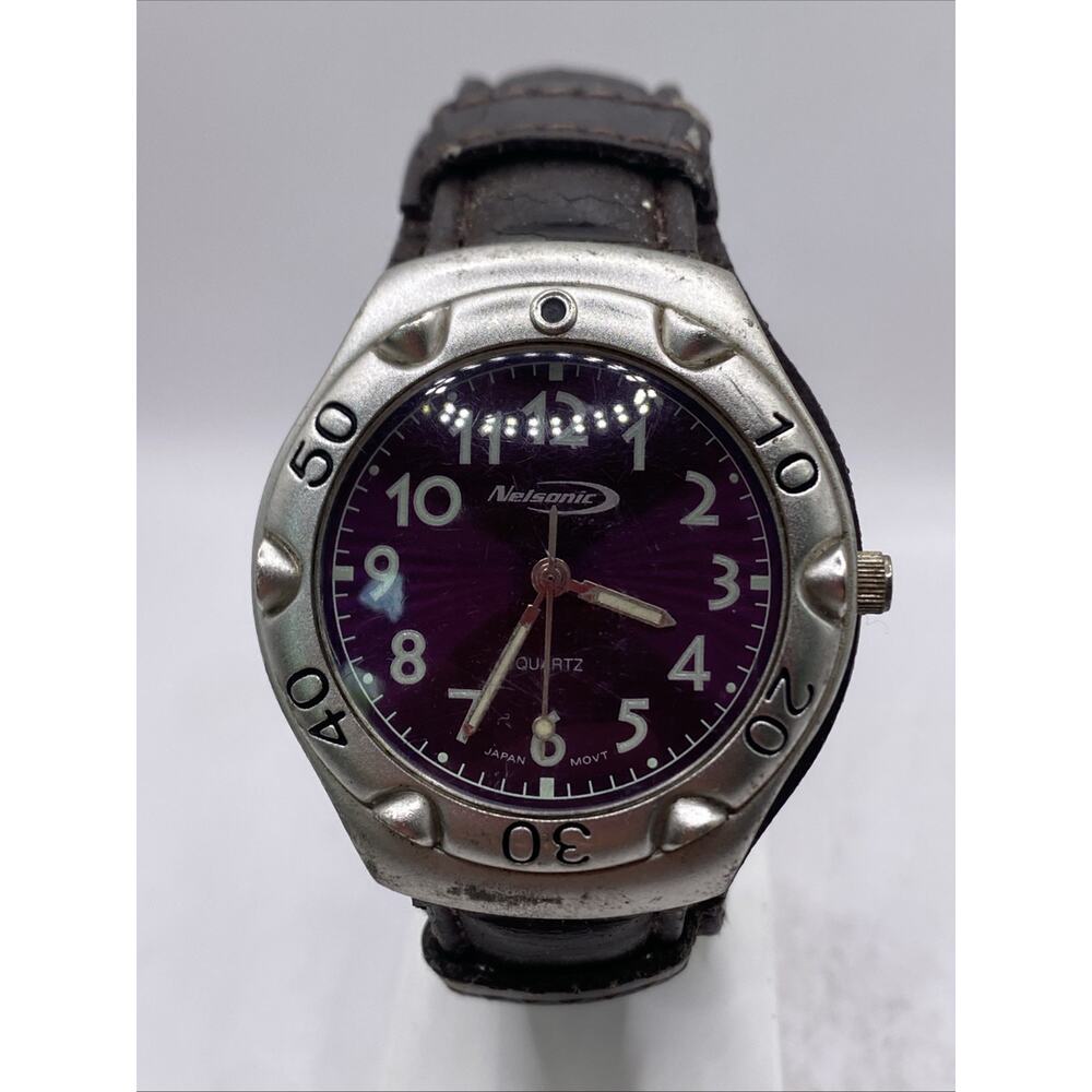 Nelsonic Vintage Mens Quartz Watch Brown Leather Band Works New Battery